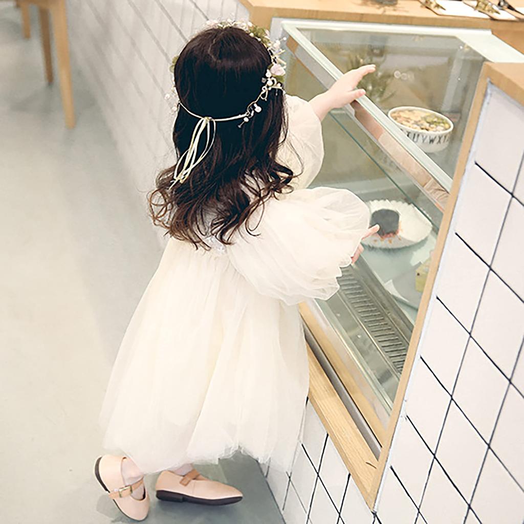 Tulle Lace Dress Balloon Sleeve Baby Dress Wedding Birthday Kids Dress Halloween Costume Present Princess Fabric Embroidery Flower White Ribbon