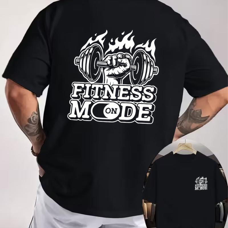 Flame Dumbbell Graphic Motorcycle Double Sided Print T-Shirt Men's Summer Short-sleeved Round Neck Casual Streetwear Tops Tee