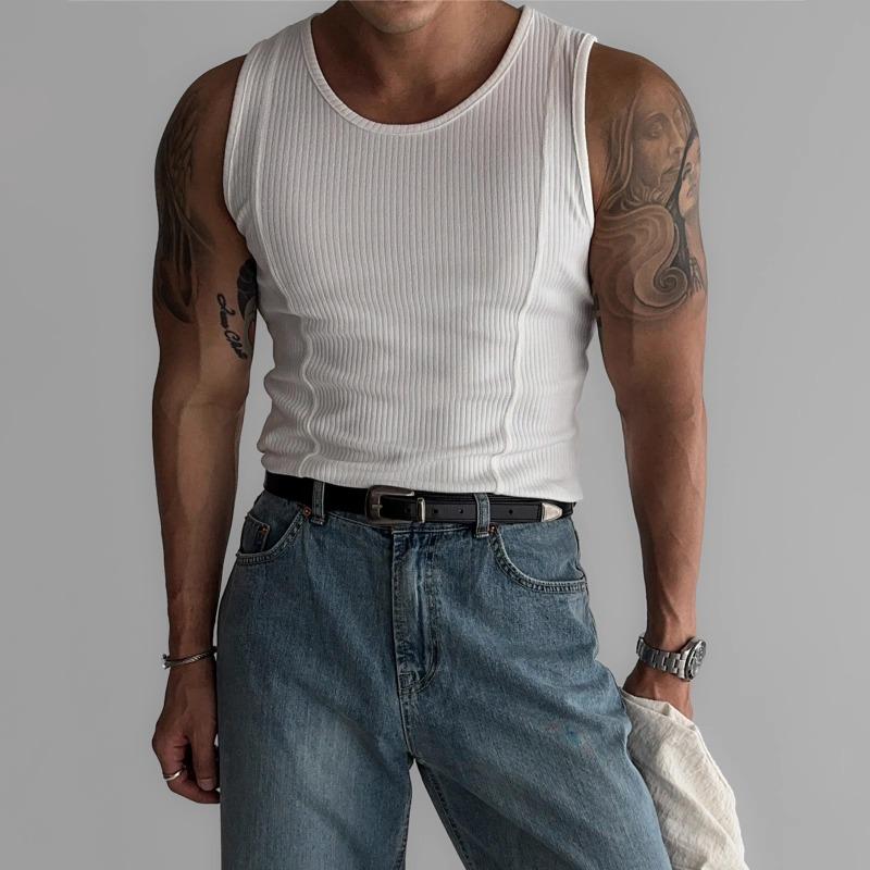 Herren Rippstrick Tanktop Slim Fit Ärmellos Muskelshirt Lässig Einfarbig Rundhalsausschnitt Weste