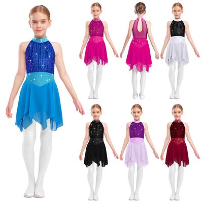 Girls Figure Skating Dress Metallic Mesh Bodice Sleeveless Keyhole Back Design Irregular Chiffon Hem Lyrical Dance Gown
