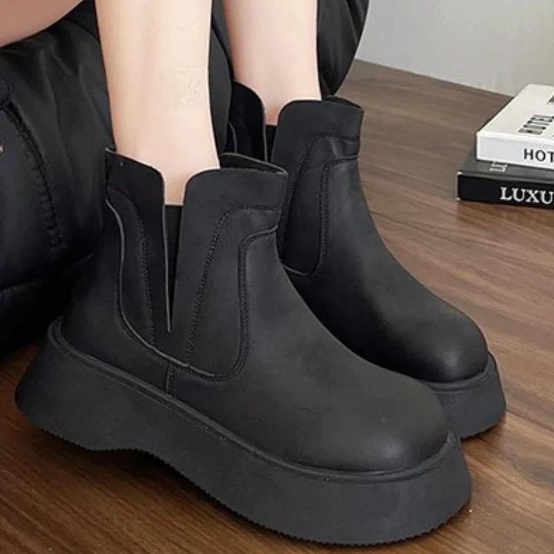 Fashion Platform Plush Women Ankle 2024 Winter Flats Warm Shoes Woman Brand New Trend Goth Casual Walking Non Slip Fad Botas Mujer