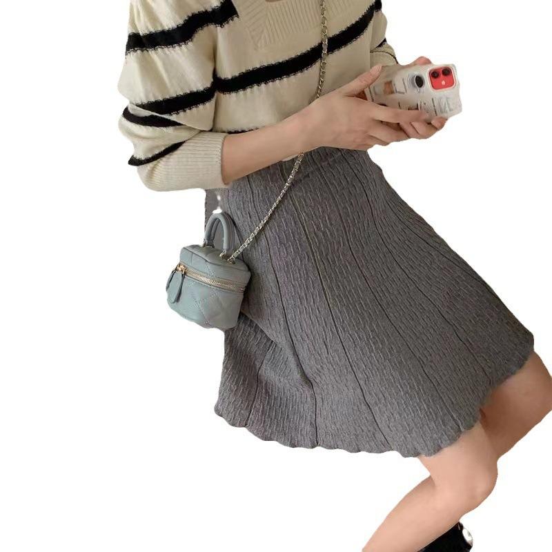 Dame Høy midje A-linjeskjørt Strikket kort skjørt Høst og vinter Hverdagslig plissert skjørt