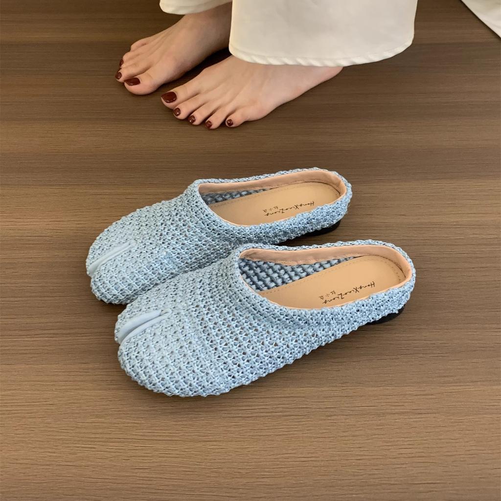 Fashion Summer Soft Leather Split-Toe Flat Bottom Comfortable Versatile Bean Shoes Women's Low Cut Slip-On Casual Shoes Rubber Sole