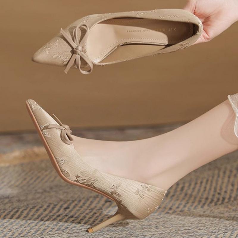 Fashion Spring New Thin Heel Single Shoes Women's Pointed Head Satin Shallow Mouth Butterfly Knot Anti-slip Wear-resistant High Heels