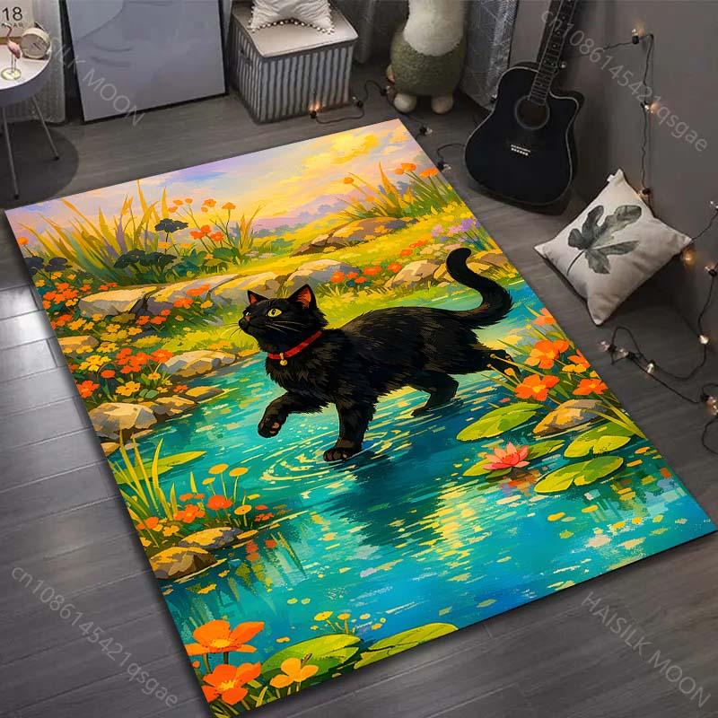 

1PC Black cat walking in stream Pattern Rug Carpets for Bedroom Living Room Sofa Mat Creative Door Mat Cloakroom Home Decor 40x60cm