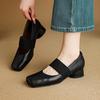 French Square Head Shallow Mouth Leather Single Shoes Women's 2025 Autumn Elastic Band Medium Heel Thick Heel Soft Sheepskin Mary Jane Shoes Women