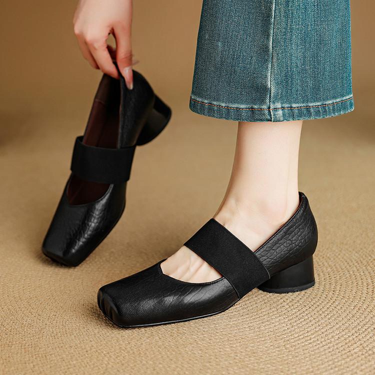 French square head shallow mouth leather single shoes women's 2025 autumn elastic band medium heel thick heel soft sheepskin Mary Jane shoes women