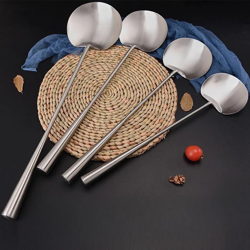 Kochlöffel aus Edelstahl 304, Suppenlöffel in Lebensmittelqualität, Haushaltsgeschirr für Köche, Küchenutensilien mit langem Griff, Pfannengerichte