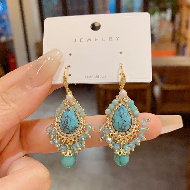 Bohemian Ethnic-Style Handmade Turquoise Earrings for Women - Luxurious Autumn/Winter Ear Hooks