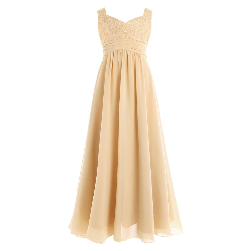 Girls Sleeveless Lace Chiffon Flower Wedding Bridesmaid Dress Junior Ball Gown Formal Party Pageant Maxi Dress