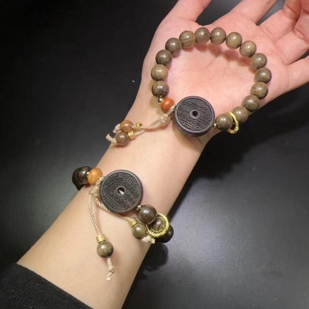 Golden Silk Phoebe Wood Bracelet with Ghost Flower Pendant - Unisex Cultural Prayer Beads