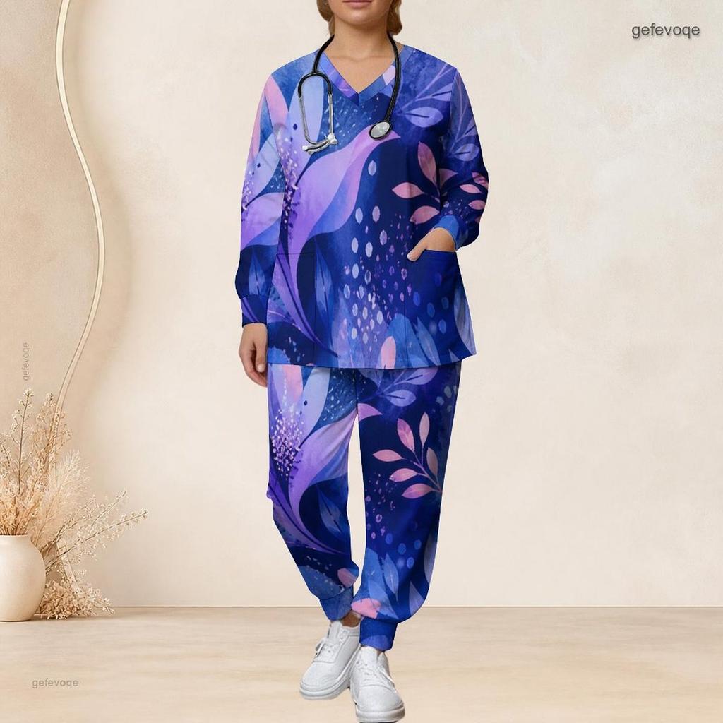 Women Plus Size Printed Nurse Scrub Set V Neck Long Sleeve Top And Pants With Pockets