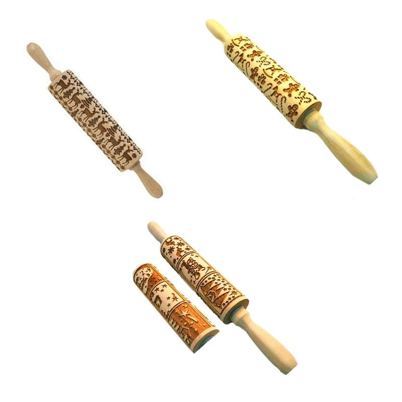 652F Christmas Rolling Pin DIY Baking Tool Christmas Theme Rolling Pin for Beautifully Patterned Dough Cookie Biscuit