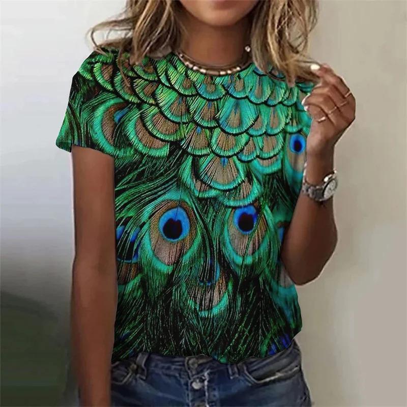 Summer Fashion Women's T-Shirt Peacock Feather 3D Printed Short Sleeve Tops Girl Loose Casual Loose Oversize Outdoor Clothing