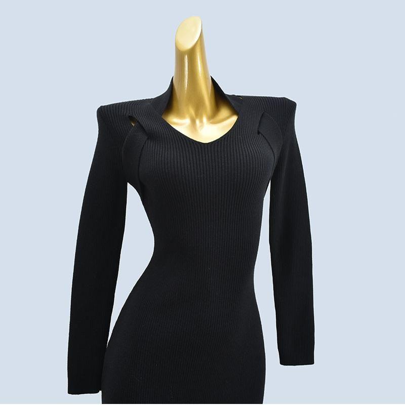 Brand Label Cutting Halterneck Long-Sleeved Silm Thick Knitting Sweater Mid Length Long Length Split Elegant Dress Female Fall and Winter