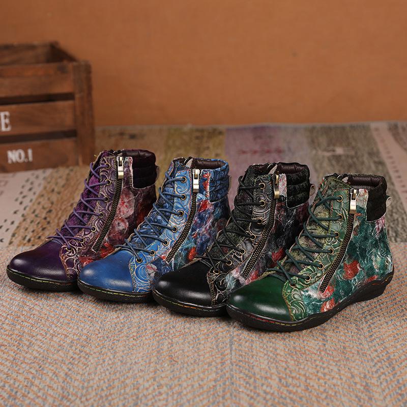 Johnature Retro Oil Painting Women's Boots Handmade Ethnic Flower Lace Up Comfortable Flat Leather Short Boots