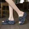 Vasket denim, Damesko med svampsåle, Vanntett plattform, Kule sandaler, Damesommerhøye hæler, Tøfler, Dame