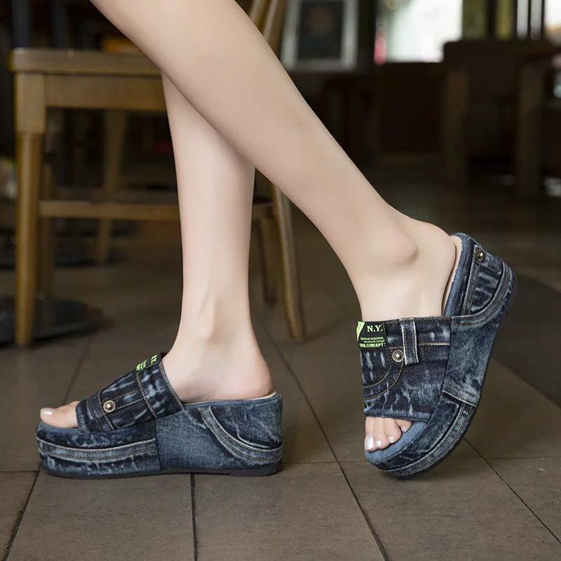 Vasket denim, Damesko med svampsåle, Vanntett plattform, Kule sandaler, Damesommerhøye hæler, Tøfler, Dame