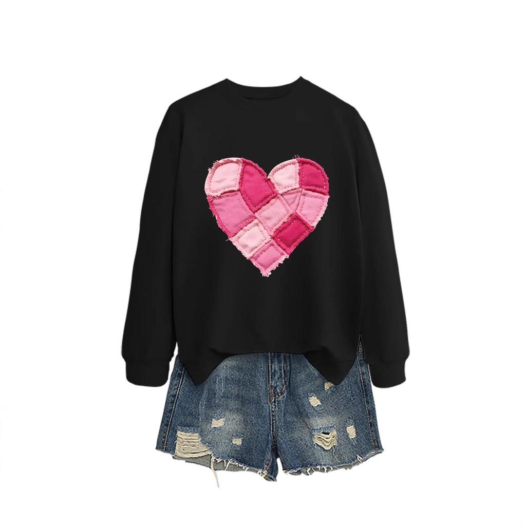 Pink Heart Flocking Women's Casual Round Neck Long Sleeve Hoodie