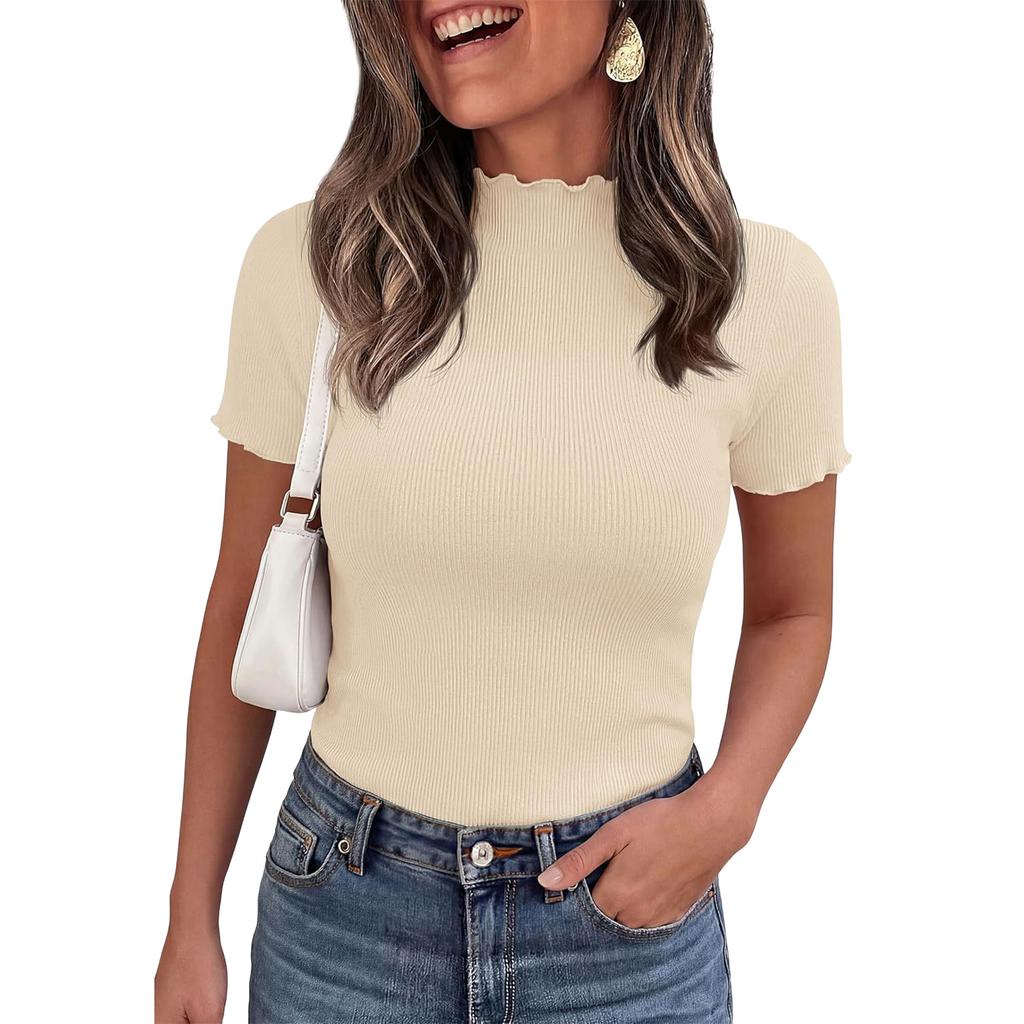 Ribbed Knit Short Sleeve Blouses for Women Casual Mock Neck Women's Short Sleeve Tops Stretchy Slim Fit Womens Short Sleeve Blouses Pullover Style