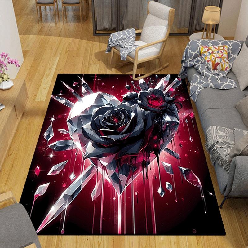 1pc Crystal Heart Rose Design Area Rug - Soft, Anti-Slip, and Durable Gaming Room Decor for Bedroom