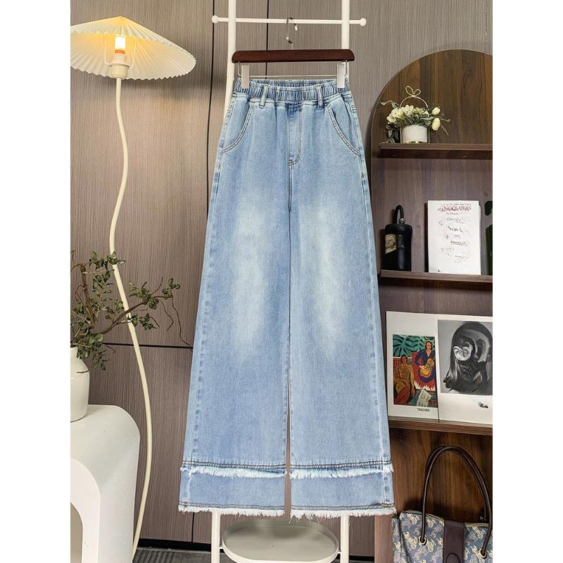 DIMANAF 2025 Plus Size Autumn Blue Basic Elastic Jeans New Pants Loose Denim Trousers Big Casual Pants 6XL