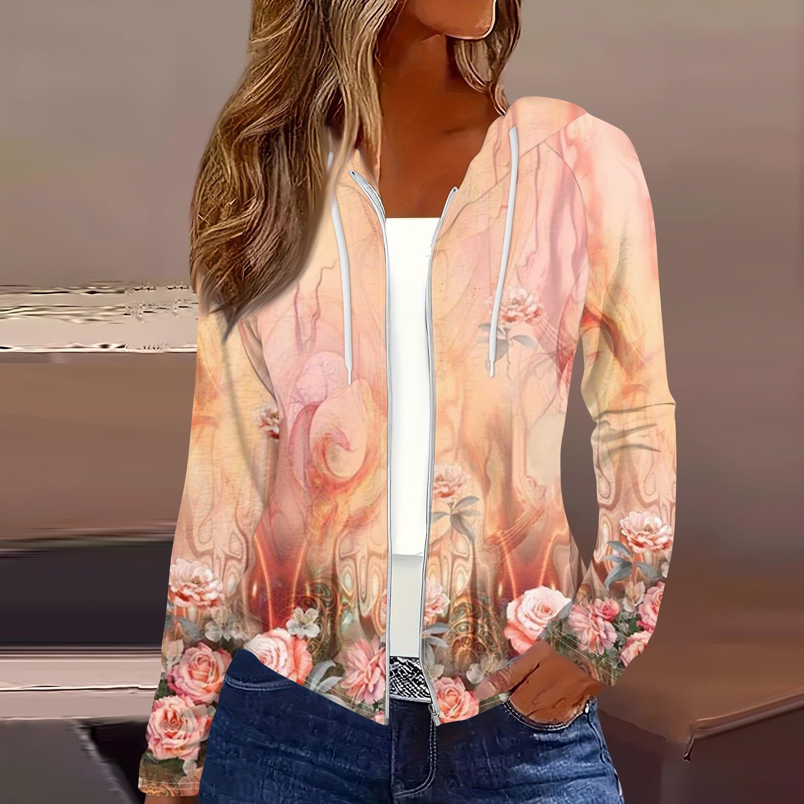 

Жіноче модне повсякденне пальто з принтом і довгими рукавами з капюшоном і блискавкою XXL рожевий колір золота