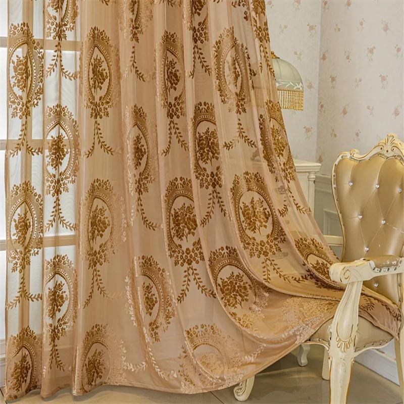 1PC Velvet Cut Embroidered Court Sheer Curtain Vintage Pattern Living Room Bedroom Gold Romantic Lace Sheer Curtain, Flower Lace Window Curtains