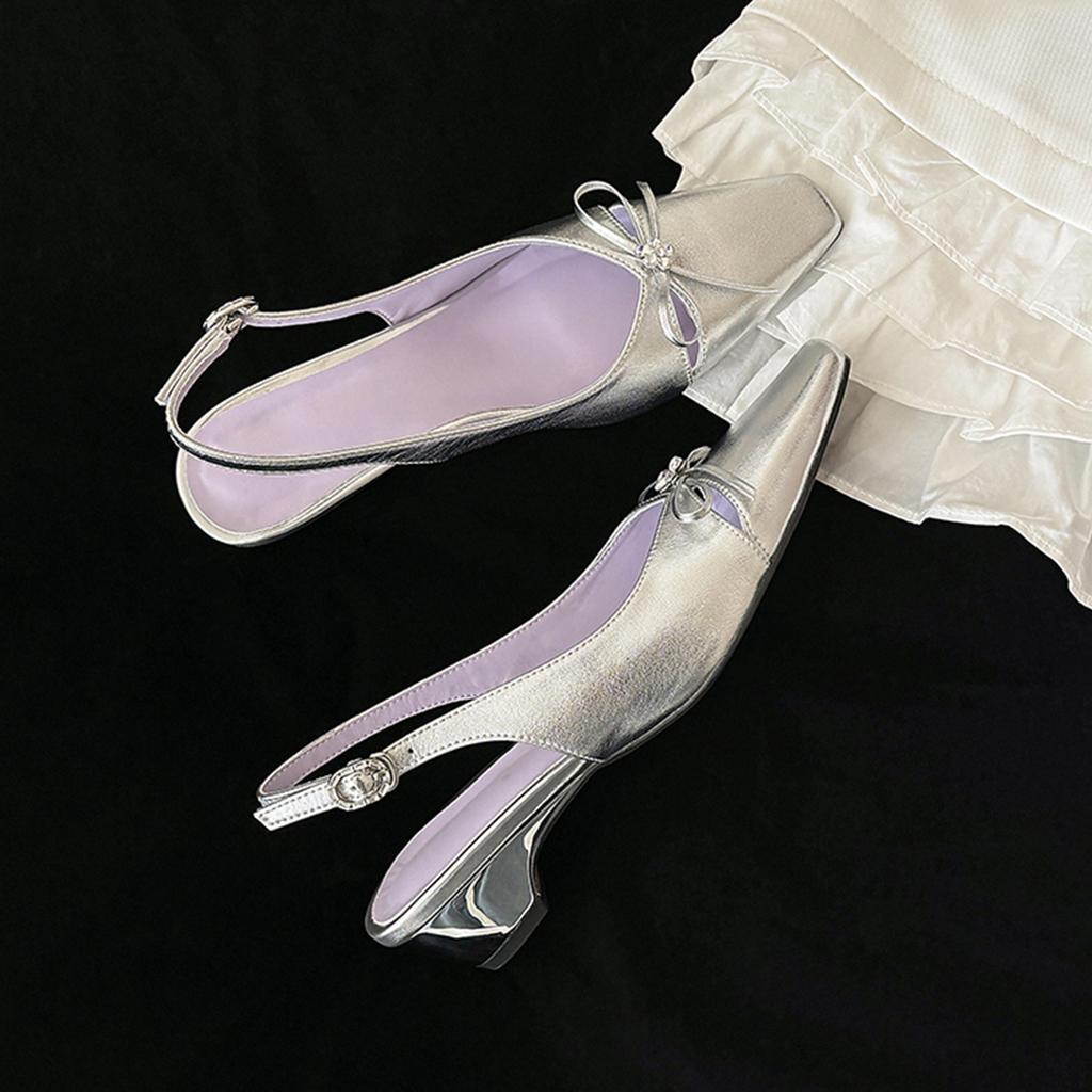 Sheepskin rhinestone bow hollow leather sandals women's square head thick heel summer wear with skirt bag head shoes