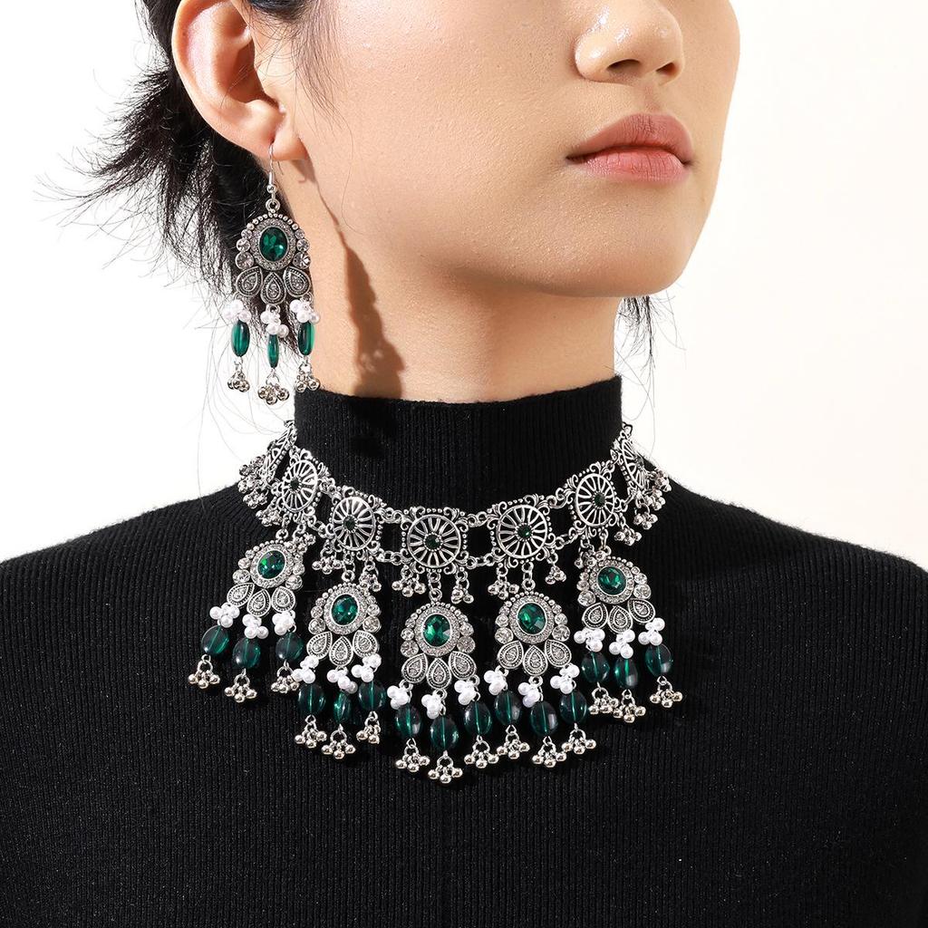 Retro Exotic Style Necklace and Earrings Jewelry Set with Multiple Oval Bead Strands