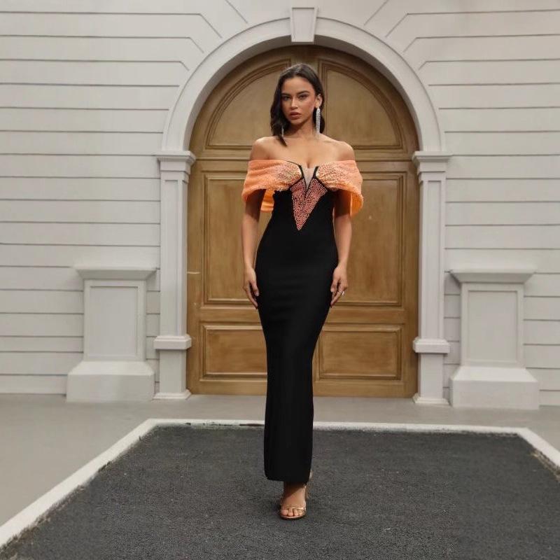 Rochie de seară elegantă franțuzească cu bandaj cu perle mărgelate 2025