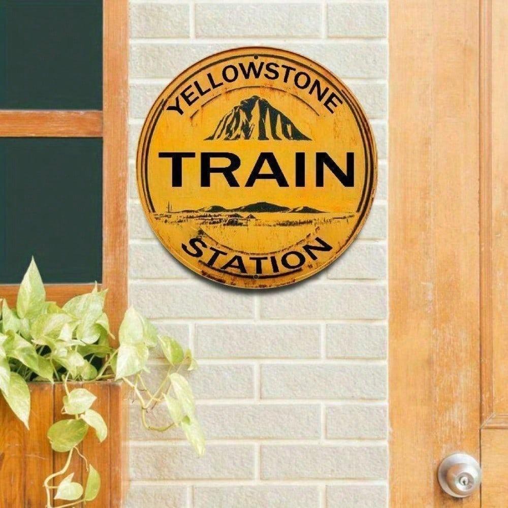 Vintage Round Metal Wall Art, Rustic Yellowstone Train Station Aluminum Sign, Mountain Landscape Decor for Home