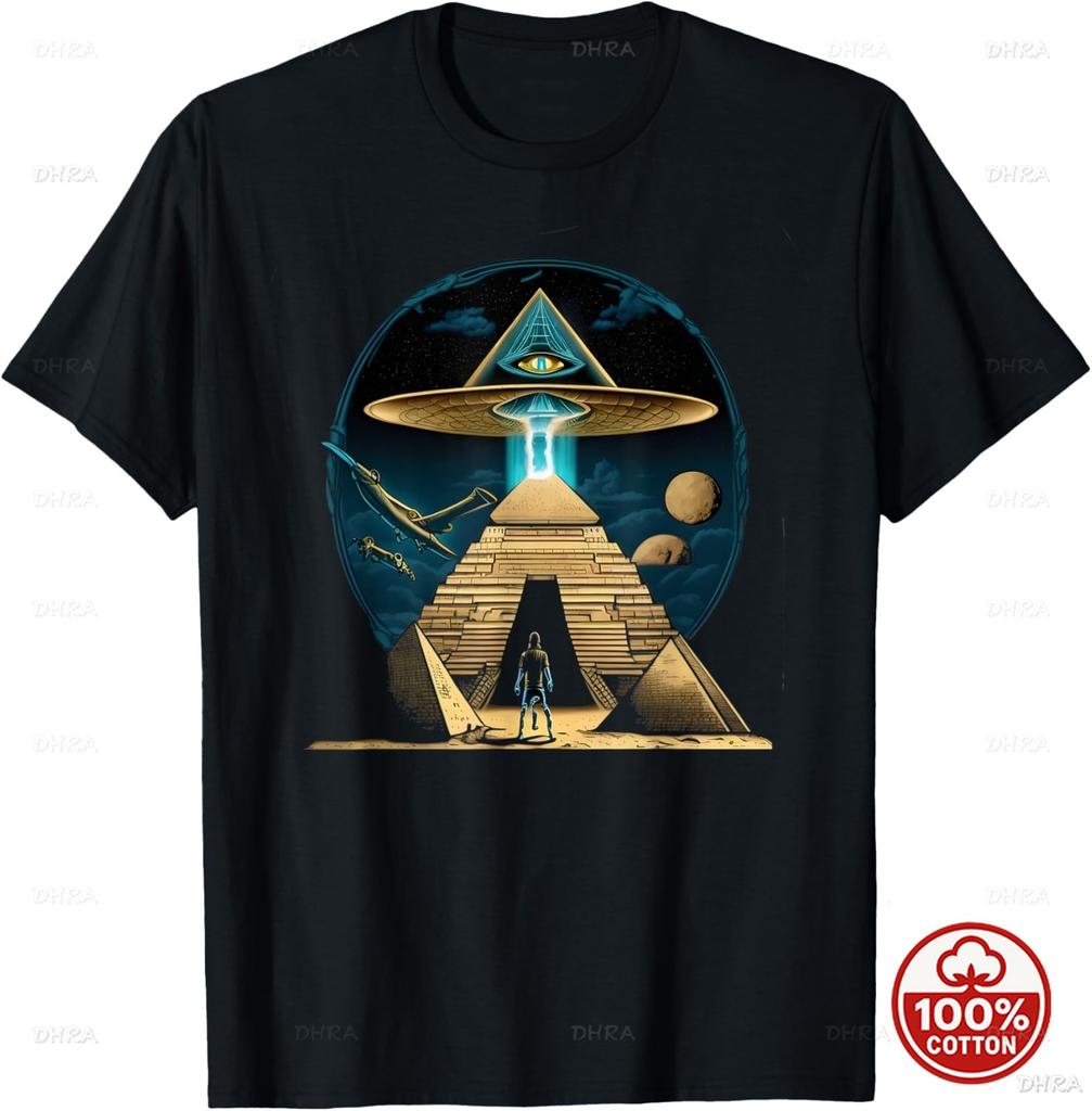 Aliens UFO Egyptian Pyramids Science Fiction Unisex Cotton TShirt Custom Printed Graphic T Shirts Y2k Funny Tshirt Streetwear