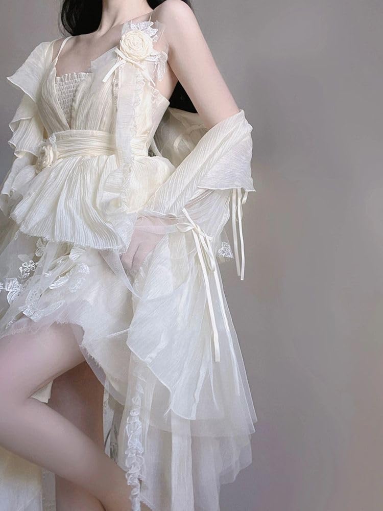 Lady Lazy Lolita with Arm Cream Dress, Sleeveless, Cosplay, White, Asymmetrical, Knee-Length, Covers,