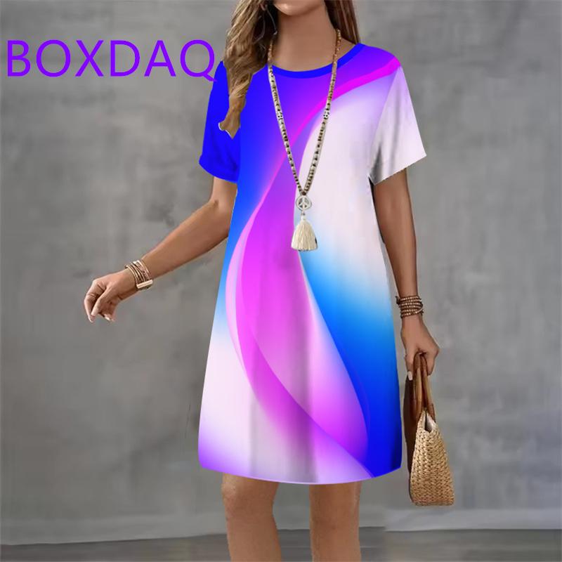 Vintage 3D Gradient Print Pattern Women Dress Summer New Elegant Casual Short Sleeve Mini Dress XXS-3XL Loose Women A-Line Dress