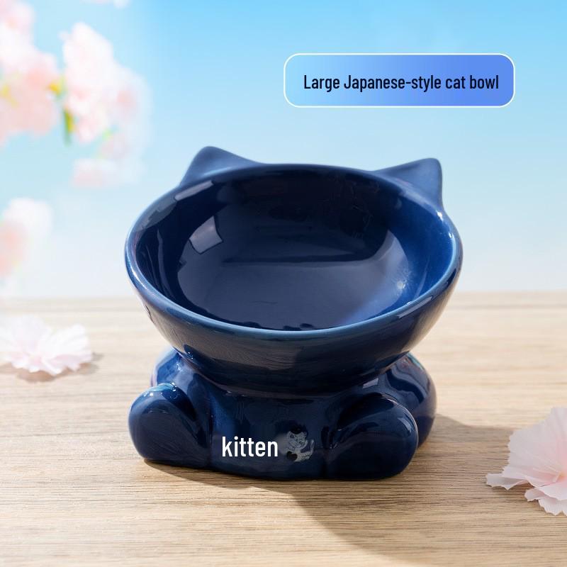 Cute Blush Bear Ceramic Pet Bowl - Slanted Large Diameter Bowl for Cats and Dogs