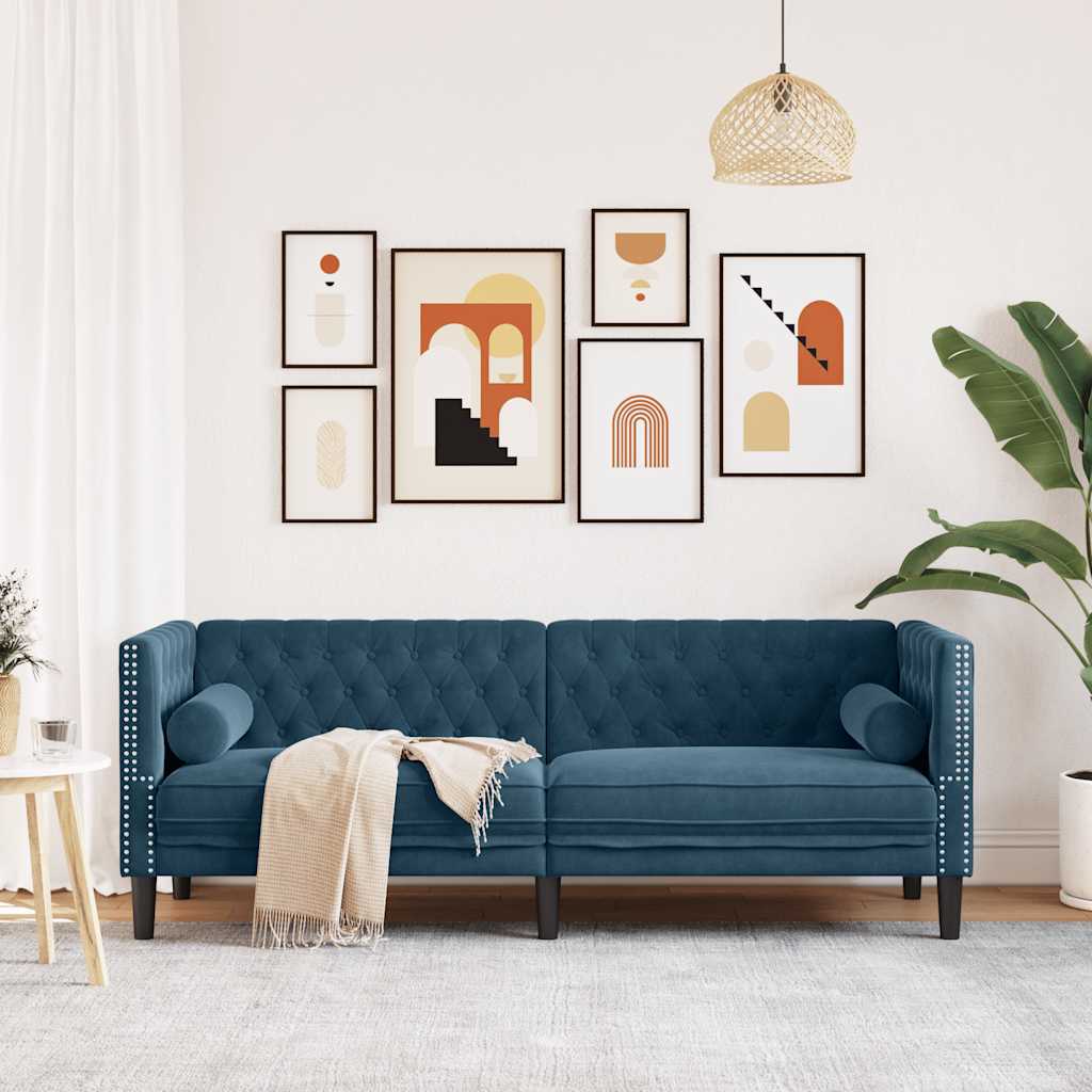 Chesterfield Sofa with Neck Pillows 3 Seater Blue Velvet
