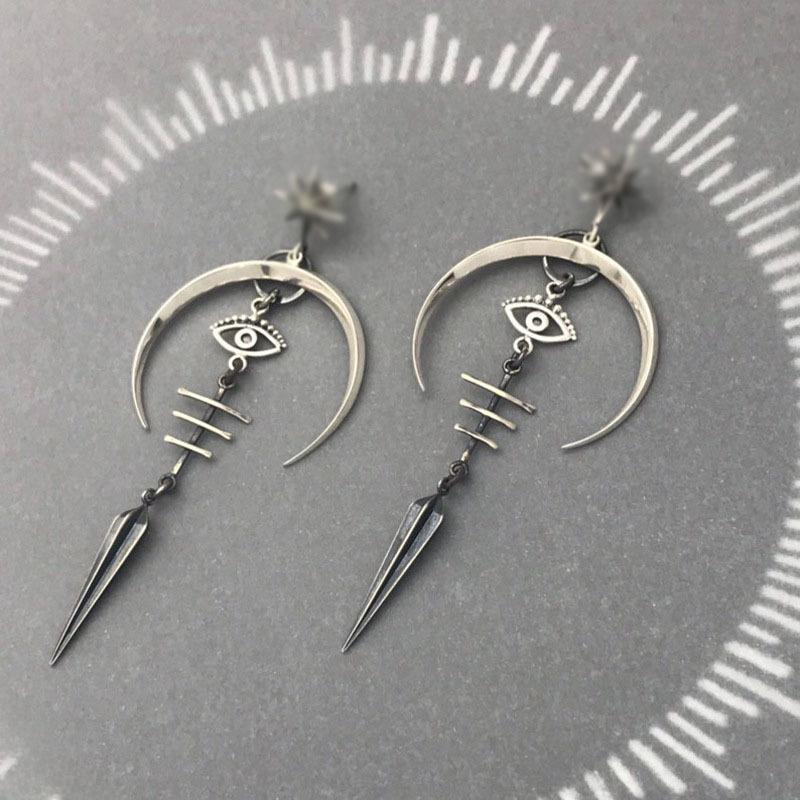 Gothic Punk Demon Eye Moon Earrings - Ancient Silver, Halloween Accessory, Long Metal Design