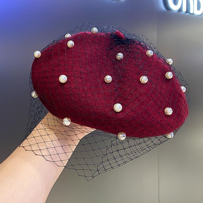 Wool Beret Hat With Pearl Veil Detail Elegant Women Autumn Winter Retro British Style Painter Pumpkin Hat For Daily Street Wear