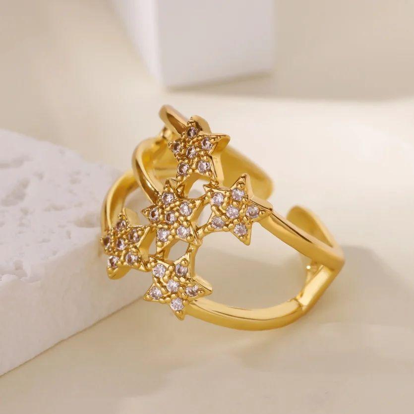 Luxury Zircon Stars Rings For Women  Gold Plated Metal Crystal Star Adjustable Ring Wedding Christmas Fashion Jewelry Gift