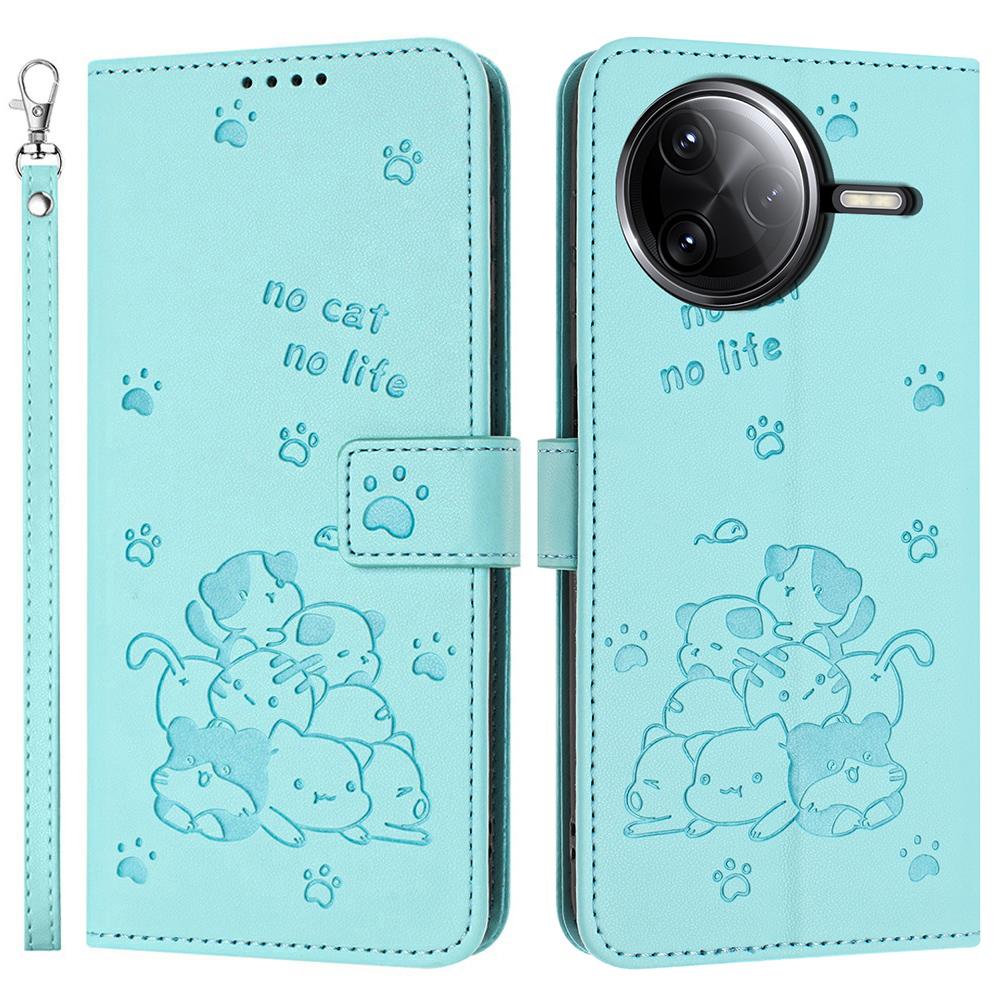 

Wallet Case for Xiaomi Poco F7 Ultra 5G/F7 Pro 5G/Redmi K80 5G/K80 Pro 5G Cats Imprint Leather Phone Cover with Strap Green