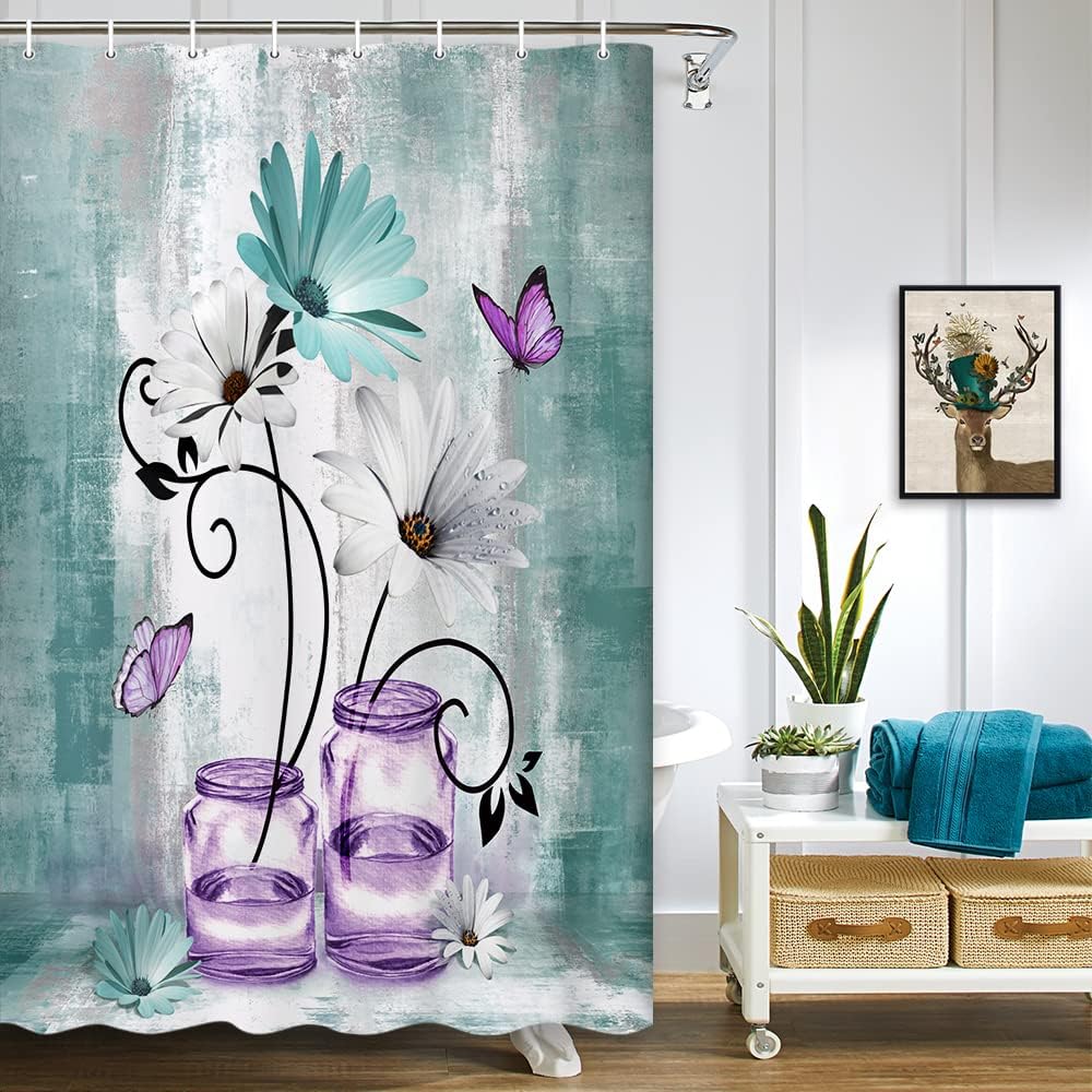 Rustic Farmhouse Floral Shower Curtain Purple Teal Daisy Flowers Butterfly Abstract Bathroom Curtain Country Farm Turquoise Blue