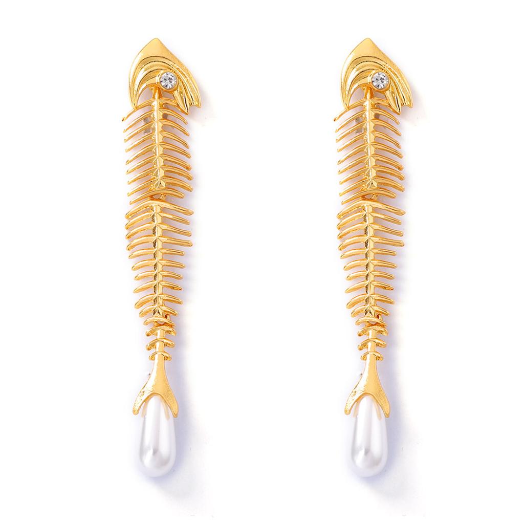Dark Mermaidcore Fishbone Pendant Choker Necklace for Women Edgy Gold Rhinestone Skeleton Pearl Collar Statement Jewelry