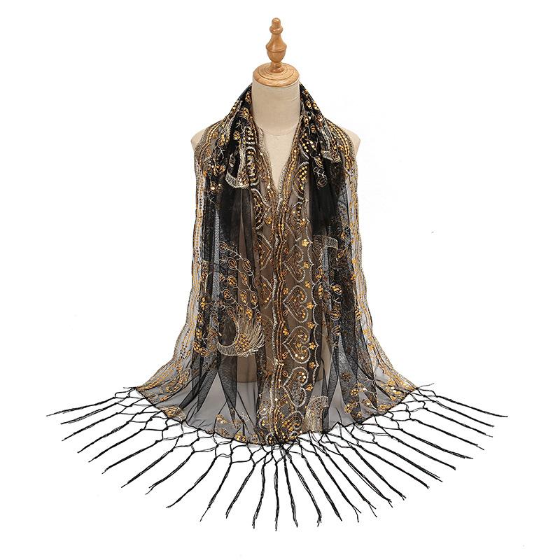 New Sequined Peacock Tassel Embroidered Long Scarf for Women  Fashionable and Versatile National Style Shawl Thin Silk Scarf