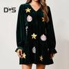 Women Christmas Dress Festive Star Print Patchwork Sequin A-line Pleated V Neck Long Sleeves Ruffles Velvet Party New Year Mini Dress