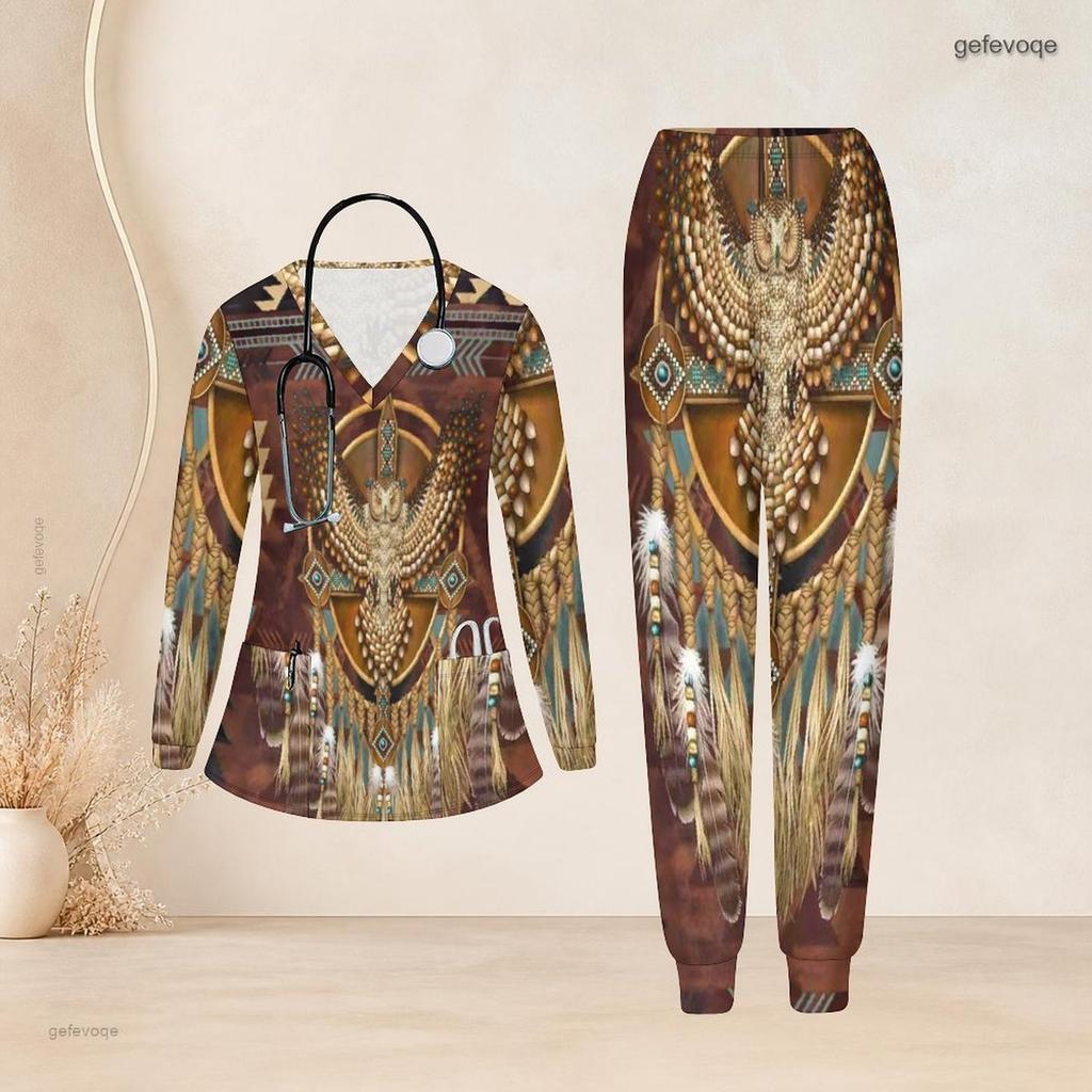 Women Plus Size Black Pink Heart Printed Nurse Scrub Set V Neck Long Sleeve Top With Pocket Long Pants