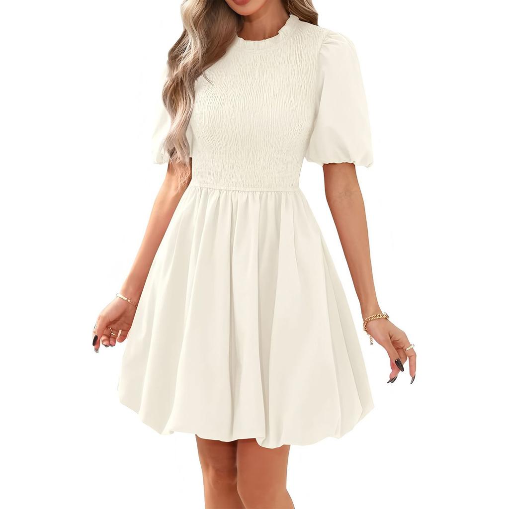 Women's Fashionable Solid Color Round Neck Bubble Short Sleeved Bohemian Pleated A-line Dress