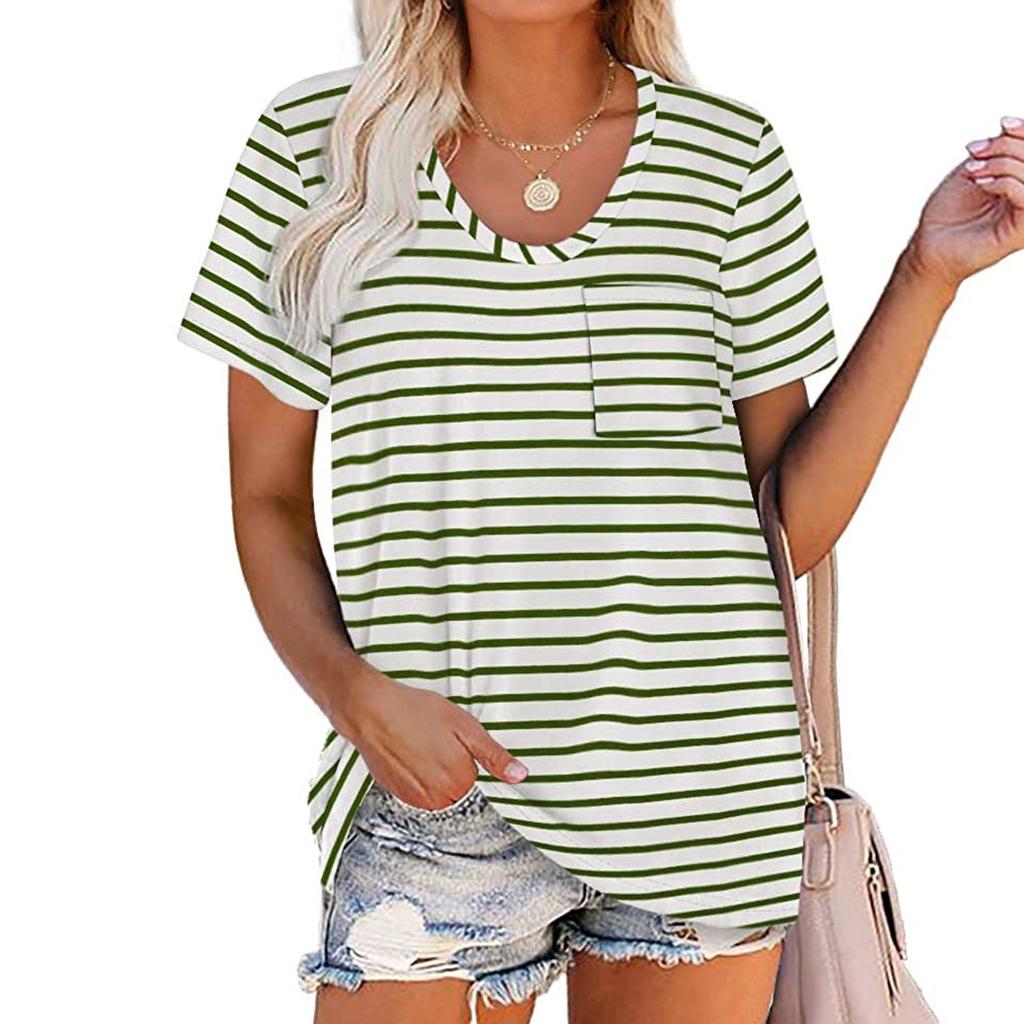 Womens Summer Fasion Short Sleeve V-Neck Color Striped Print Casual Tops