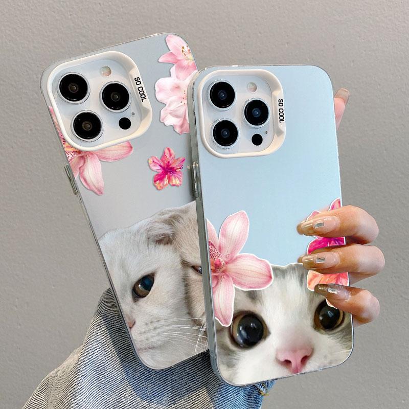 Kitten Cat & Flowers Cute Animals Artistic Laser Phone Case for iPhone 15 14 Pro Max Plus 16 11 12 13 Mini Pro Max Back Coves