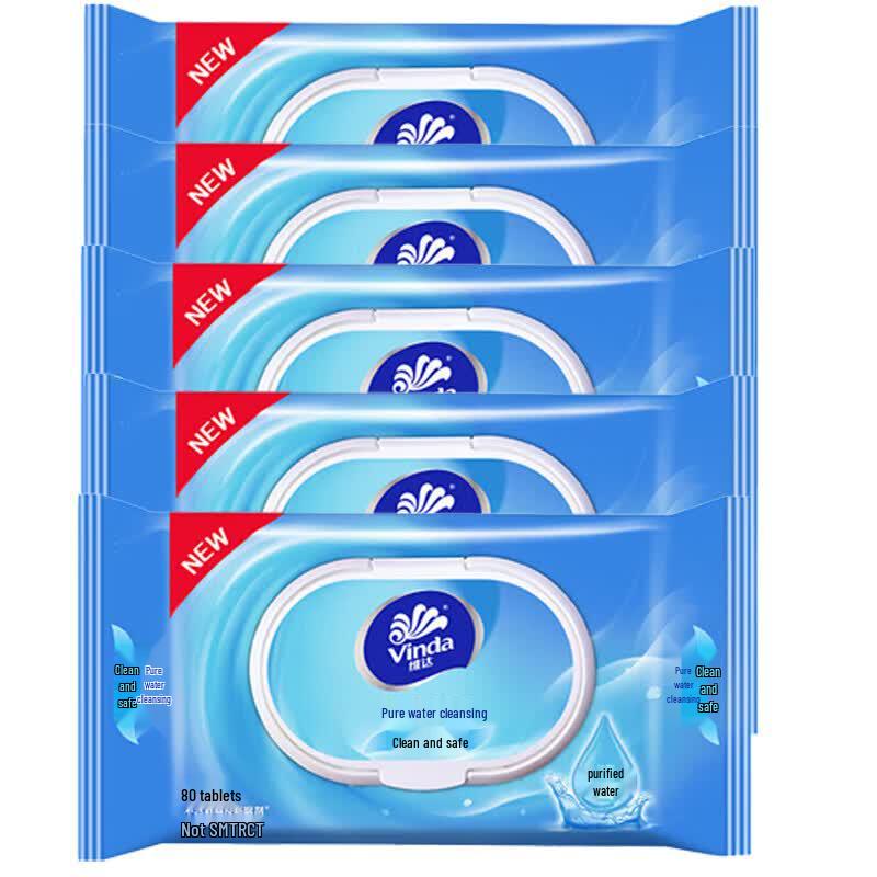 Vinda Pure Water Cleansing Wet Wipes, Unscented, 80 Sheets x 5 Packs